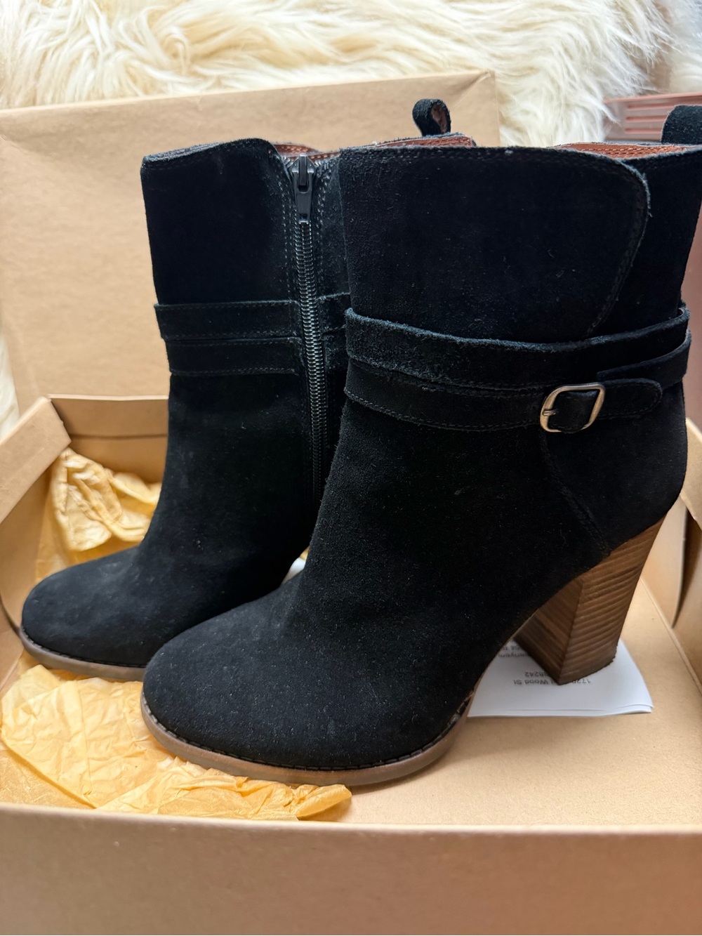 Lucky brand Black Suede Ankle Boots with Block Heel - Women size 9.